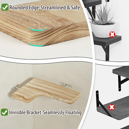 SAUMONIERES Corner Floating Shelves Wall Mount Shelf Solid Wood for Bedroom Bathroom Room Kitchen Storage Set of 3, Rustic Torched, Invisible Brackets