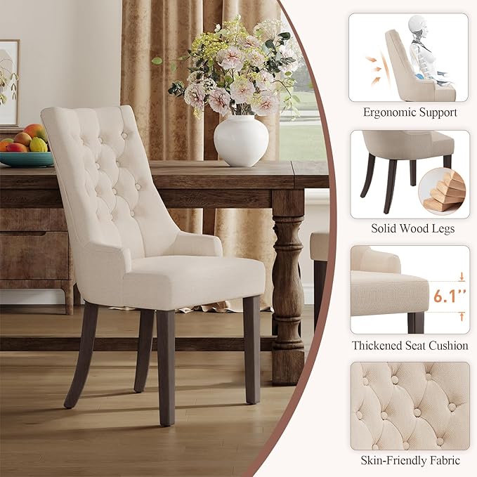 COLAMY Wingback Upholstered Dining Chairs Set of 2, Fabric Side Dining Room Chairs with Tufted Button, Living Room Chairs for Home Kitchen Resturant- Beige