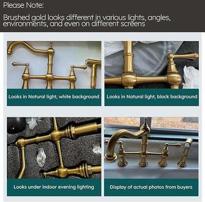 WOWOW Brass Kitchen Faucet Bridge with Side Sprayer, 4 Hole Kitchen Faucet 2 Handle 8 Inch Centerset Gold Faucet for Kitchen Sinks, Heritage Brushed Gold Kitchen Sink Faucet