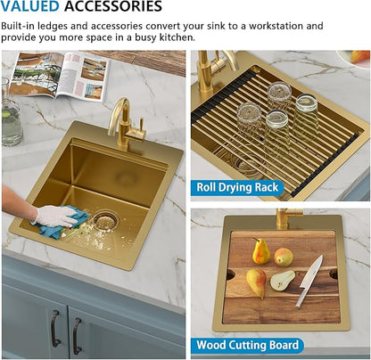 15"x20" Drop In Bar Prep Sink Workstation – Brushed Gold NANO-PVD, 16 Gauge 304 Stainless Steel, Single Bowl Top Mount Wet Bar RV Outdoor Kitchen Sink with Faucet