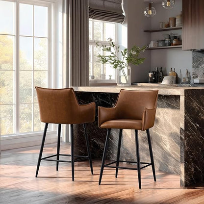Brown Leather Counter Stools Set o f 6, Mid Century Modern Upholstered Kitchen Chairs with Arms and Black Metal Legs 26” Height Stools with Back for Dining Room Home Pub Faux Leather in Brown