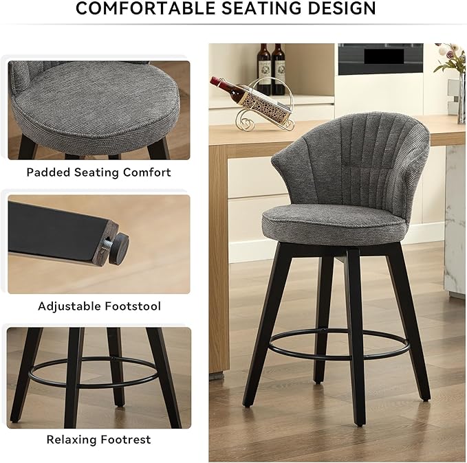 Wing Back Swivel Bar Stools Set of 2-25" Counter Height Adjustable Stools Chenille Upholstery, Leveling Feet for Kitchen Island, Home Pub or Dining Room