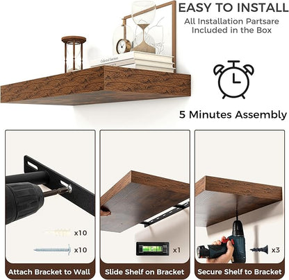 Venusmiles Floating Shelves for Wall, 36 Inch Wide x 12 Inch Deep Floating Shelves, Long Wood Floating Wall Shelf Shelves for Living Room Bathroom Bedroom Kitchen Home - (Brown, 36" W x 12" D x 2" H)