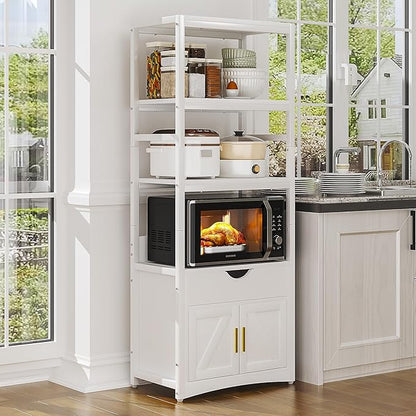 VECELO 3-Tier Microwave Stand with Power Outlet & USB Ports, 15.5" Deep Kitchen Pantry Cabinet, Fits 1.0 Cu.Ft Microwave, Modern Farmhouse Coffee Bar Storage with Drawer & Barn Door for Kitchen, White
