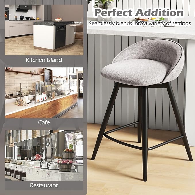 Giantex Swivel Bar Stools Set of 2, 25" Counter Height Bar Chairs with Footrest, Low Backs & Metal Frame, Upholstered Line Fabric Barstools for Kitchen Island, Cafe & Pub, Grey