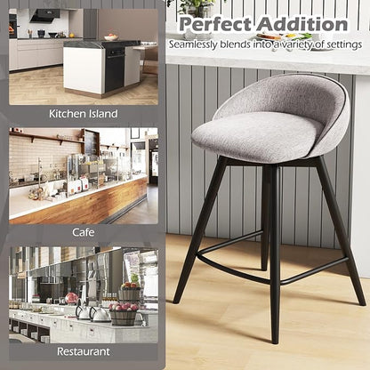 Giantex Swivel Bar Stools Set of 2, 25" Counter Height Bar Chairs with Footrest, Low Backs & Metal Frame, Upholstered Line Fabric Barstools for Kitchen Island, Cafe & Pub, Grey
