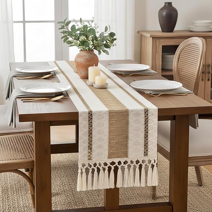 FEXIA Boho Table Runner for Hoilday Spring Home Decor with Tassels Pottery barn Furniture Farmhouse Rustic Macrame Burlap Table Decoration for Living Room (12x48 Inches)
