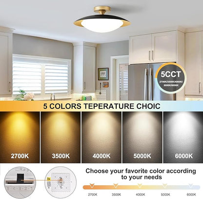Dimmable Mid Century Modern Ceiling Light,5CCT LED Black and Gold Semi Flush Mount Ceiling Lighting, for Kitchen Bedroom Hallway Bathroom 2700K-6000K 15.75 in