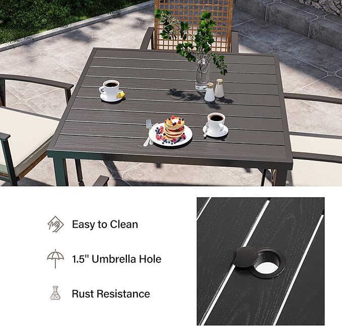 LAUSAINT HOME 5 Pieces Outdoor Patio Dining Set, Wicker Patio Furniture Set of 4 Chairs with Soft Cushion and Square Table with Umbrella Hole, Conversation Set for Backyard, Garden and Poolside