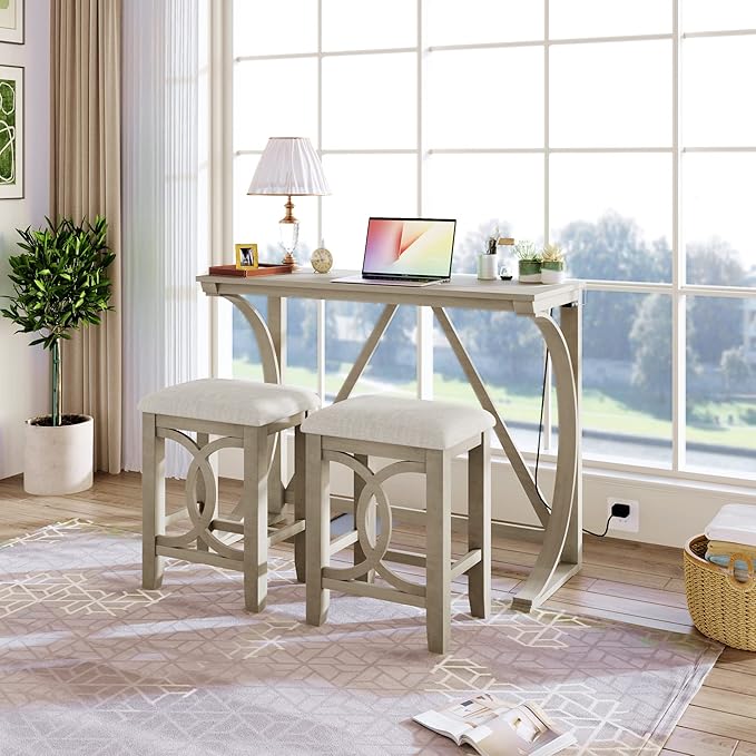 Polibi 3-Piece Farmhouse Counter Height Dining Set, Wood Kitchen Dining Table Set with USB Port and 2 Upholstered Stools for Small Places (Milky White)