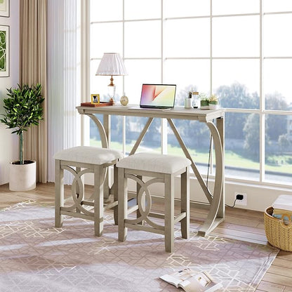 VilroCaz Farmhouse 3-Piece Counter Height Dining Table Set with USB Port and 2 Upholstered Stools, Rustic Dining Set Bar Set for Dining Room Kitchen (Cream)