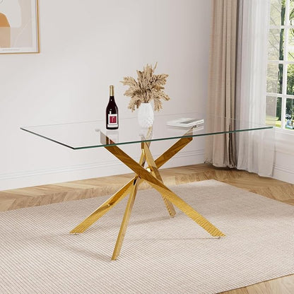 51" Glass Dining Table for 4-6, Contemporary Rectangular Dining Room Table with Tempered Glass Top & Gold Finish Metal Legs, Modern Elegant Dining Table for Home Kitchen