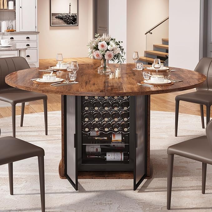 IBF Round Dining Table with Storage, Wood Kitchen Table with Fridge Space, Rustic Circle Dining Room Tables for 4-6, Farmhouse Circular Dinner Tables for Home, Rustic Brown, 47 Inch, Only Table