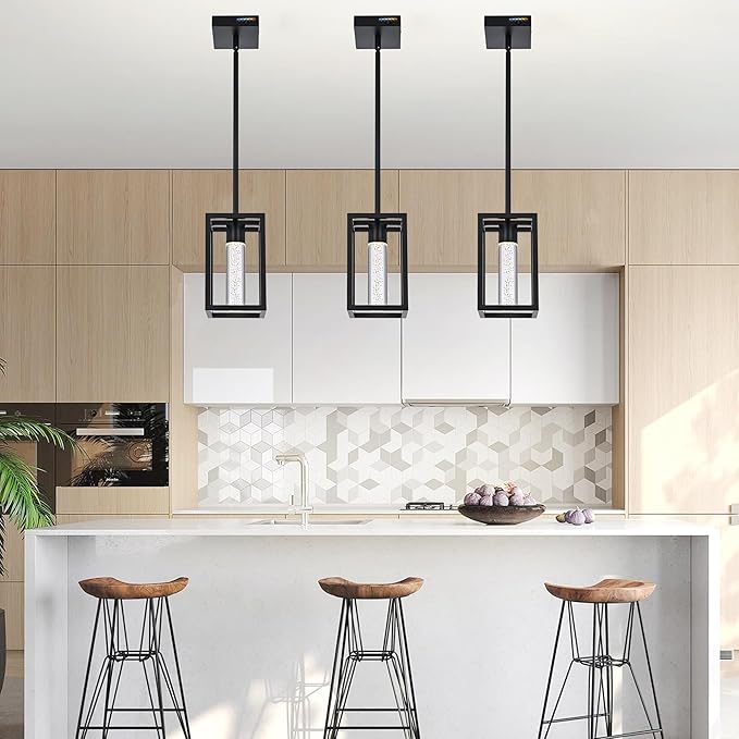 MELUCEE Modern Led Pendant Light Fixture 5 Color Temperature Adjustable, 3 Pack 15W LED Bubble Crystal Pendant Lights Kitchen Island, Black Dining Room Light Fixtures Adjustable Height, 3000-6000K