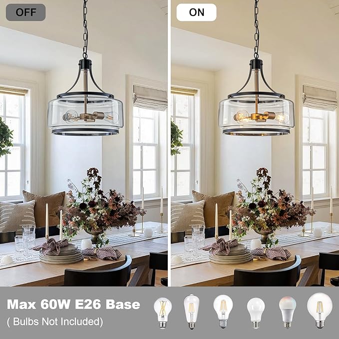 15.7 Inch Glass Drum Dining Room Light Fixture Over Table, Modern Black and Gold Chandeliers for Dining Room, Drum Pendant Light for Kitchen,Entryway,Living Room