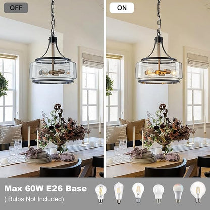 15.7 Inch Glass Drum Dining Room Light Fixture Over Table, Modern Black and Gold Chandeliers for Dining Room, Drum Pendant Light for Kitchen,Entryway,Living Room