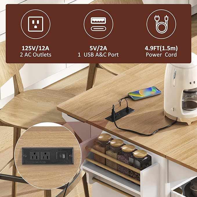 Modern Dining Table Kitchen Island with 2 Drop, Cart Power Outlet, 4 Doors Spice Rack, Rolling Table Faux Marble Top, Curved Edge Wood Console,White-MDF
