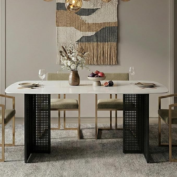51" White Marble Dining Table, 4-6 Person Modern Kitchen Dining Room Tables with Marble Pattern Tempered Glass Top and Black Hollow-Out Metal Base, Space Saving Rectangle Dinner Table for Home