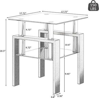 Set of 2 Glass End Table, Glass Side Table with Tempered Glass Top & Metal Legs, Living Room Table Modern Tea Table Side Tables 2-Layer for Living Room