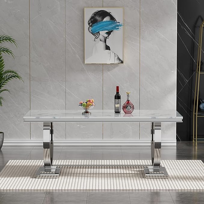 68" White Silver Marble Dining Table, Modern Kitchen Table with 0.79" Faux Marble Tabletop and Mirrored Stainless Steel Frame, Luxurious Rectangular Dining Room Table for Kitchen(No Chairs)
