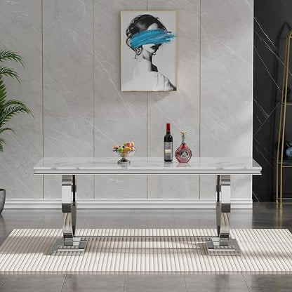 68" White Silver Marble Dining Table, Modern Kitchen Table with 0.79" Faux Marble Tabletop and Mirrored Stainless Steel Frame, Luxurious Rectangular Dining Room Table for Kitchen(No Chairs)