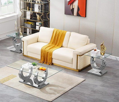 Glass Living Room Table Set of 3, Modern Glass Coffee Table with 2 End Tables Set for Apartment, Luxury Coffee Table Sets Perfect for Living Room, Stainless Steel Frame