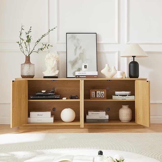 Ball & Cast 64" Buffet Cabinet with Storage Accent Sideboard Modern Credenza with Doors & Adjustable Shelves,Fluted Media Console TV Stand for Living Room,Natural