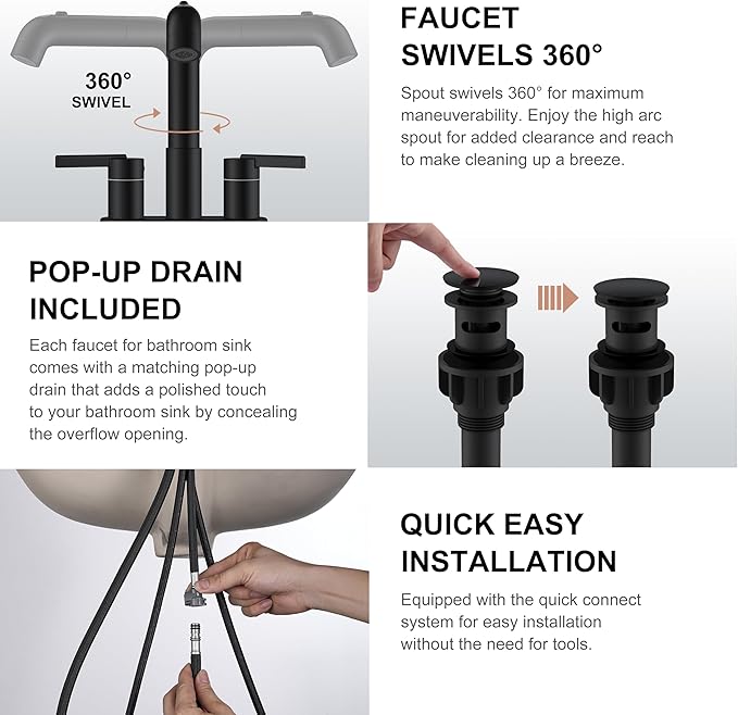 KENES Matte Black Centerset Bathroom Faucet with Pull Down Sprayer, 4 Inch 2 Handle Pull Out Bathroom Faucet 3 Hole, Bathroom Sink Faucet with Pop Up Drain & Supply Lines LJ-9059A-2