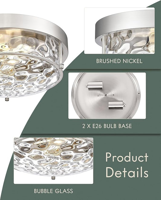 12" Flush Mount Ceiling Light, Brushed Nickel Finish, Hammered Glass Shade, Modern Farmhouse Style for Bedroom, Living Room, Dining – CKCL4822-2W-HGBN
