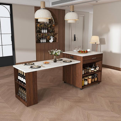 GOWE 80-inch Expandable Kitchen Island with Dining Table, Marble-Grain Countertop with Power Outlet, Mobile Storage Cart with Cabinet & 2 Drawers, Walnut Finish Kitchen Prep Table