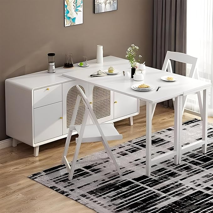 60.68in Multifunctional Folding Buffet Table, Modern Bar Cabinet with Swivel Table, Extendable Dining Table, Double Storage Cabinet for Kitchen, Living Room, Small Space - Walnut/White(White,50.79in)