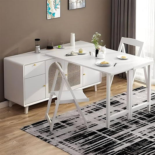 60.68in Multifunctional Folding Buffet Table, Modern Bar Cabinet with Swivel Table, Extendable Dining Table, Double Storage Cabinet for Kitchen, Living Room, Small Space - Walnut/White(White,50.79in)