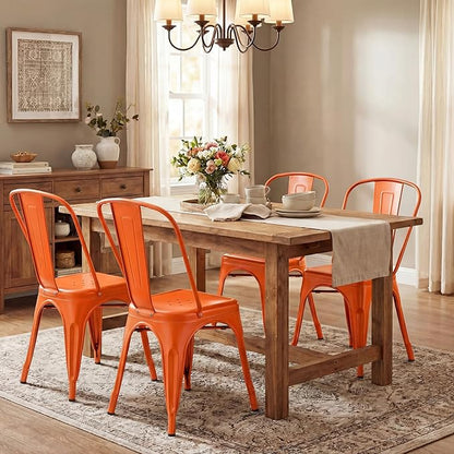 Shahoo Metal Dining Chairs Classic Iron Stackable Industrial Vintage Trattoria with Back, Indoor-Outdoor Side Settee for Home Bistro Cafe Kitchen Restaurant Set of 4, Orange