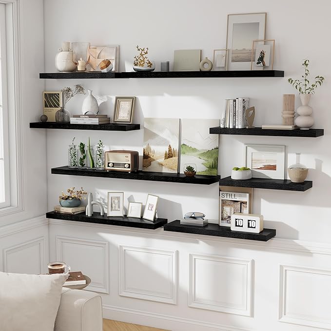 Fun Memories Floating Shelves - 2 Pack 30 Inch Long Rustic Wooden Wall Shelves - 8 Inch Deep Wall Mounted Storage Shelf with Invisible Heavy-Duty Brackets for Books, Bathroom, Kitchen - Black