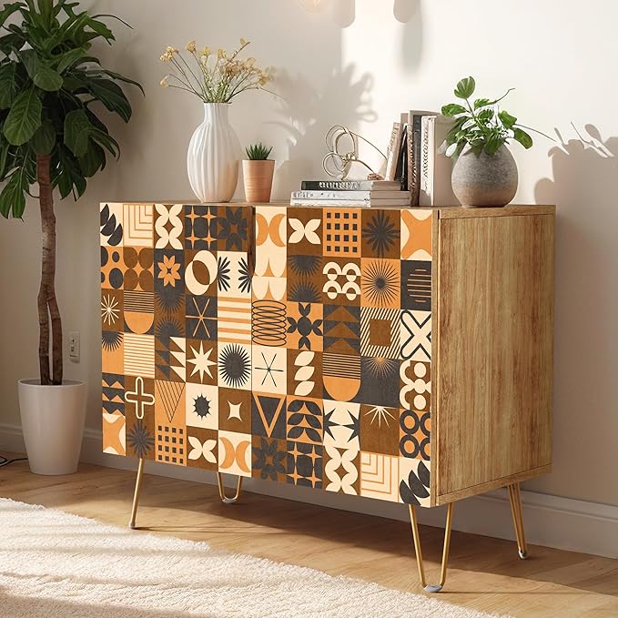 SIGNWIN Sideboard Buffet Cabinet, Kitchen Storage Cabinet with 2 Doors, Brown Polygon Collage Pattern, Cupboard Console Table for Dining Room - 35" L x 18" W x 29" H