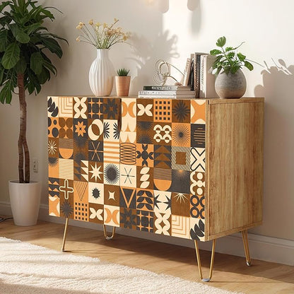 SIGNWIN Sideboard Buffet Cabinet, Kitchen Storage Cabinet with 2 Doors, Brown Polygon Collage Pattern, Cupboard Console Table for Dining Room - 35" L x 18" W x 29" H
