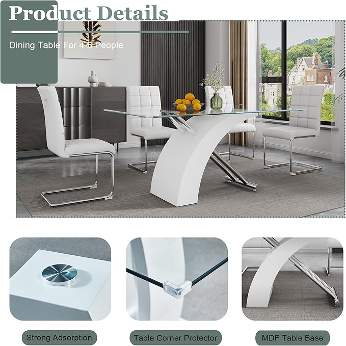 63" Rectangle Glass Dining Table, White Modern Kitchen Table with Tempered Glass Tabletop and Silver X-Shaped MDF Base, Dining Room Table for 4-6, for Kithchen, Living Room