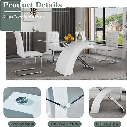 63" Rectangle Glass Dining Table, White Modern Kitchen Table with Tempered Glass Tabletop and Silver X-Shaped MDF Base, Dining Room Table for 4-6, for Kithchen, Living Room