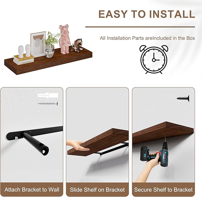Floating Shelves for Wall, 36x12 Inch Solid Wood Wall Shelves, Extra Long Heavy Duty Wall Mount Shelf for Kitchen & Living Room, Rustic Walnut Floating Shelves, Set of 2