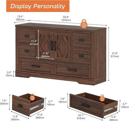 WAMPAT 54" W Large Sideboard Buffet Cabinet with Storage,Wood Farmhouse Sideboard Table with Barn Doors and Drawers for Kitchen,Dining Room,Coffee Bar,Dark Brown