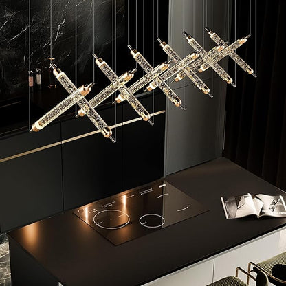 55" LED Rectangular Crystal Chandeliers for Dining Room, Modern Rectangle Crystal Chandelier, Luxury, Dimmable LED with Remote, for Kitchen Island, Dining Room