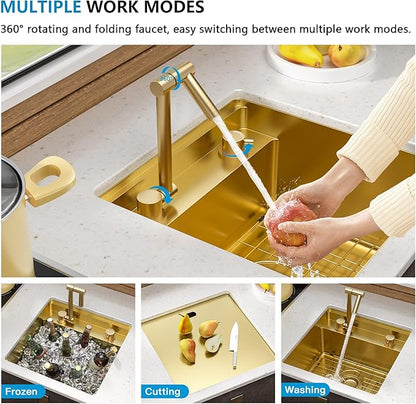 18"x18" Undermount RV Kitchen Sink Workstation – 16 Gauge 304 Stainless Steel Brushed Gold NANO-PVD Single Bowl Sink with Foldable Faucet, for RV, Camper, Mobile Home, Wet Bar