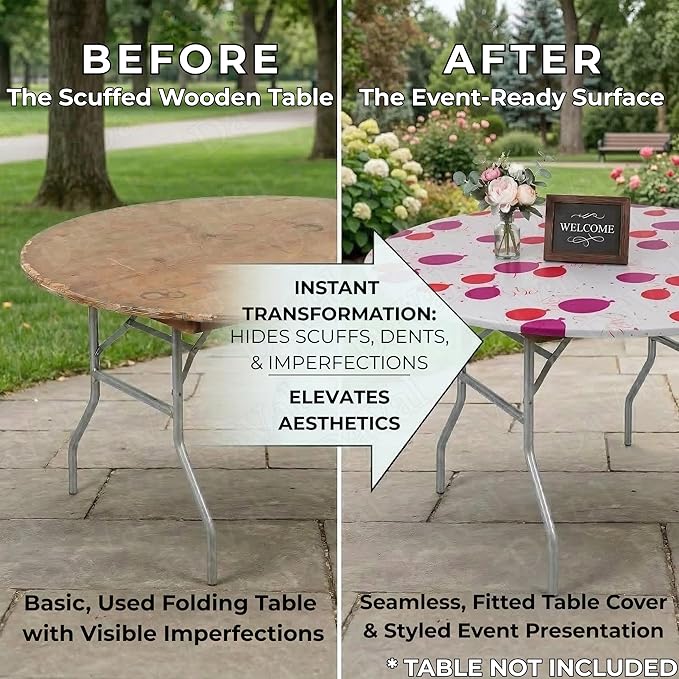 Kwik-Covers 10-Pack Fitted 60” or 72” Round Plastic Table Covers, Elastic Edge, 3 Mil Vinyl, Won’t Blow Off, Indoor/Outdoor for Picnic, Party & Trade Show Supplies (Celebration, 60" Round)