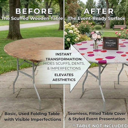 Kwik-Covers 10-Pack Fitted 60” or 72” Round Plastic Table Covers, Elastic Edge, 3 Mil Vinyl, Won’t Blow Off, Indoor/Outdoor for Picnic, Party & Trade Show Supplies (Celebration, 60" Round)