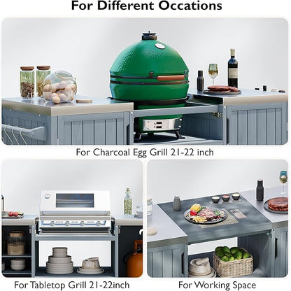YOPTO Versatile 66.5" Outdoor Grill Cart for Big Green Egg,100% Fir Wood,Stainless Steel Top,Ample Storage,Weatherproof,6 Lockable Wheels,Grey Blue