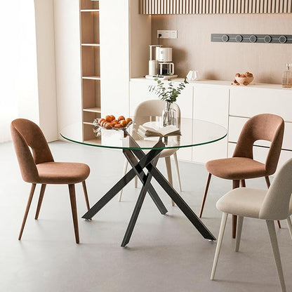 47.25" Round Dining Table for 6, Modern Clear Glass Kitchen Table for 6 with Black X Metal Legs, Contemporary Small Circle Dining Room Leisure Tables for Kitchen Apartment