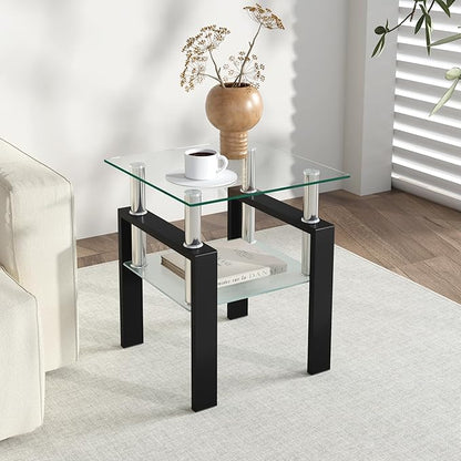 IANIYA Modern Glass Side Table, 2-Tier End Table with Tempered Glass Top & Metal Legs, Night Stand Corner Small Table for Living Room, Bedroom, Small Space