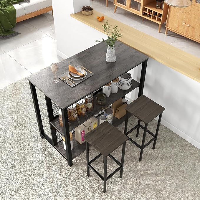 COSTWAY Home Bar Unit, 3-Tier Bar Table with Storage Shelves, Metal Frame, Adjustable Foot Pads, Breakfast Corner Bar Cabinet for Kitchen Island Dining Room (Grey)