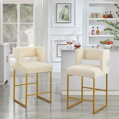 Counter Height Bar Stools with Unique Square Open Backrest, Set of 2 Bar Chairs with Sturdy Iron Legs, 26" H Counter Height Chairs for Kitchen Islands, Cream,Gold