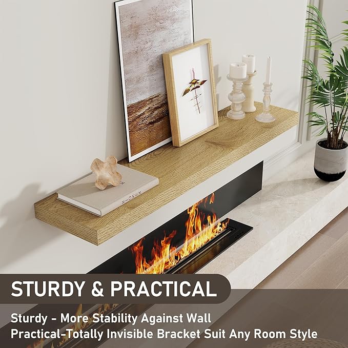 Fun Memories 40" Floating Shelves for Wall, 8 Inch Deep Floating Shelf for Books, Deep Bathroom Shelves Wall Mounted, Rustic Display Shelf for Kitchen, Bedroom, Living Room, Oak Color, 2 Pack